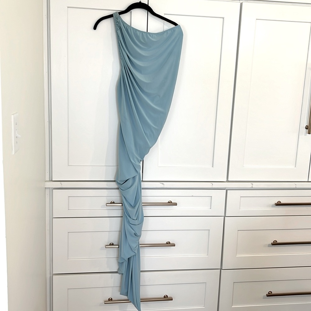 Norma Kamali Asymmetrical Blue Wrap Gown